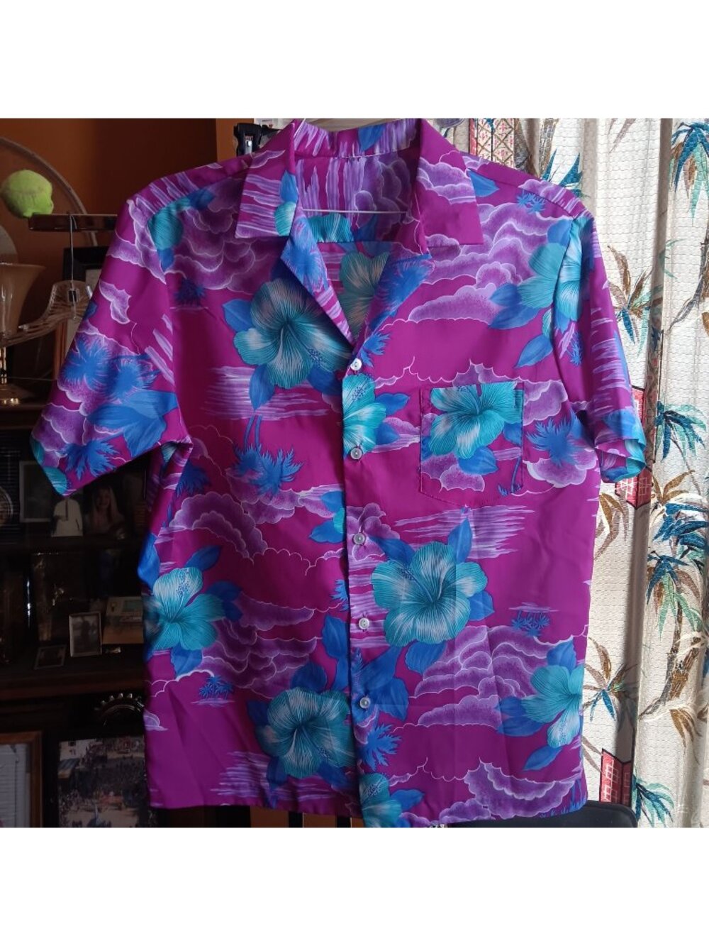 Vintage Large Hawaiian Hawaiian Hibiscus Shirt Floral Button-Up Purple Pink 80s